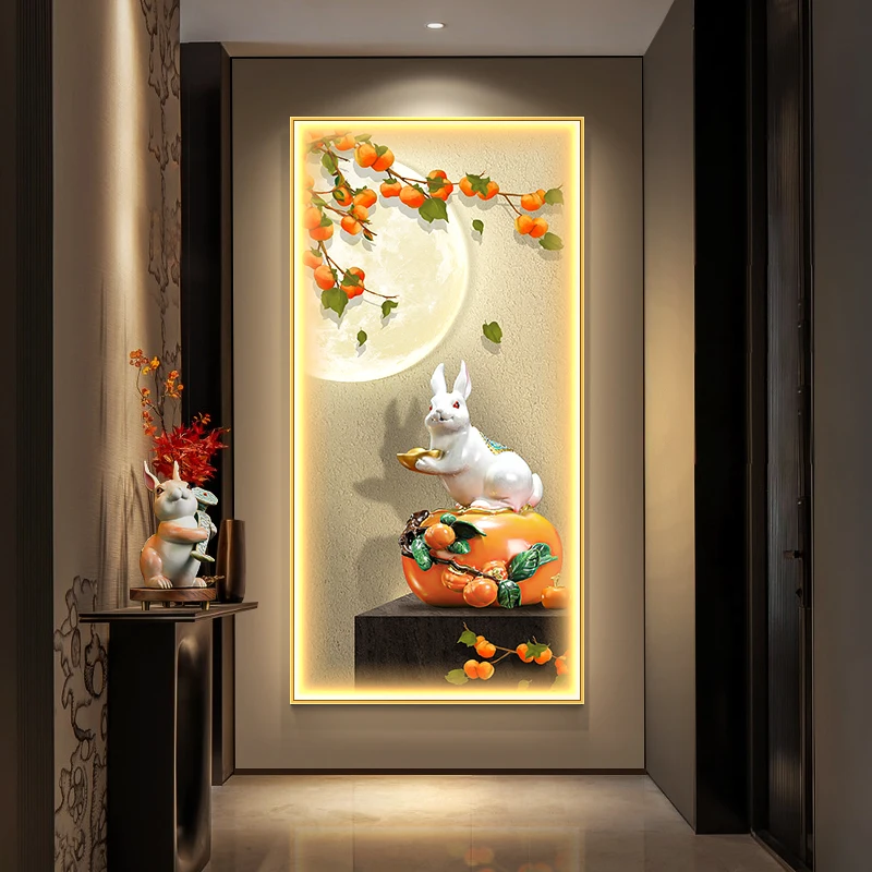 Persimmon Entrance Decoration Painting Corridor Hanging Painting With Light New Chinese Style Rabbit Entrance Vertical Mural Led