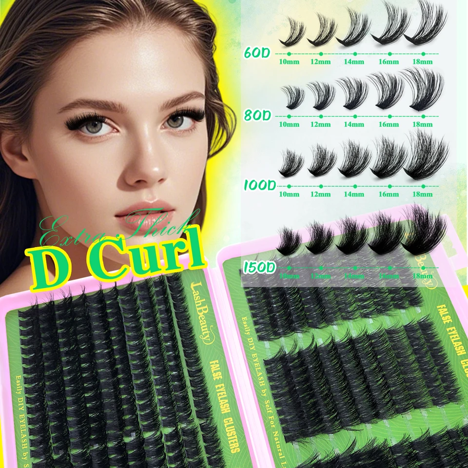 Kit de Clusters de Pestañas, 10–18 mm Curvatura D 60D/80D/100D/150D Naturales Gruesas Volumen Pestañas Individuales Libro Set Pegamento para Pestañas Extensión 3