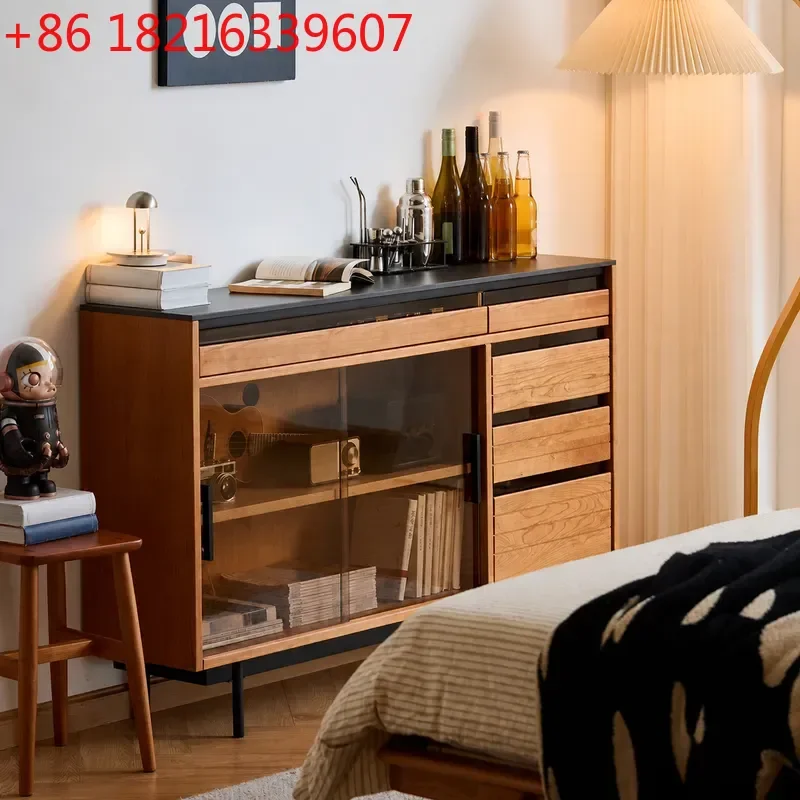 YAOJapanese Style Solid Wood Dining Side Cabinet Pine Cherry Wood Narrow Storage Unit for Small Apartment Living Room Wall Low