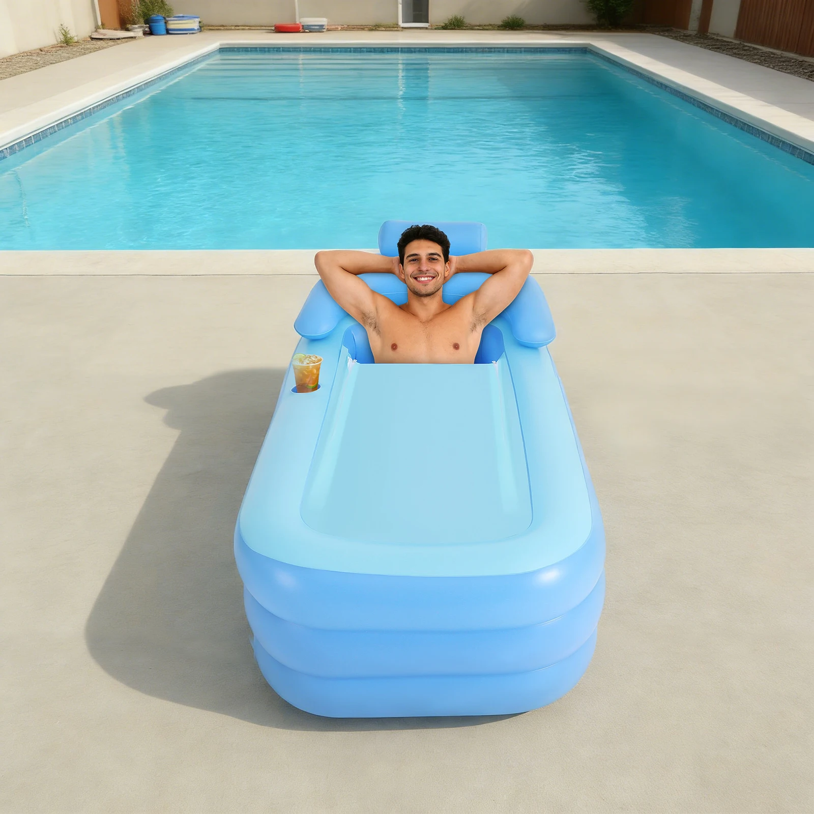 Vasca da Bagno Gonfiabile per Adulti, 150 * 80 cm, Piscina Pieghevole in PVC con Portabicchieri, Cuscino, Tubo di Scarico per Spa per Adulti e Bambini