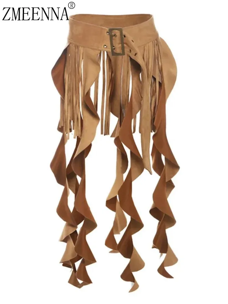 

ZMEENNA Women's Fringe Belt Skirt Layered Faux Suede Waistband With Dangling Tassels And Adjustable Buckle Accessory ZM3265