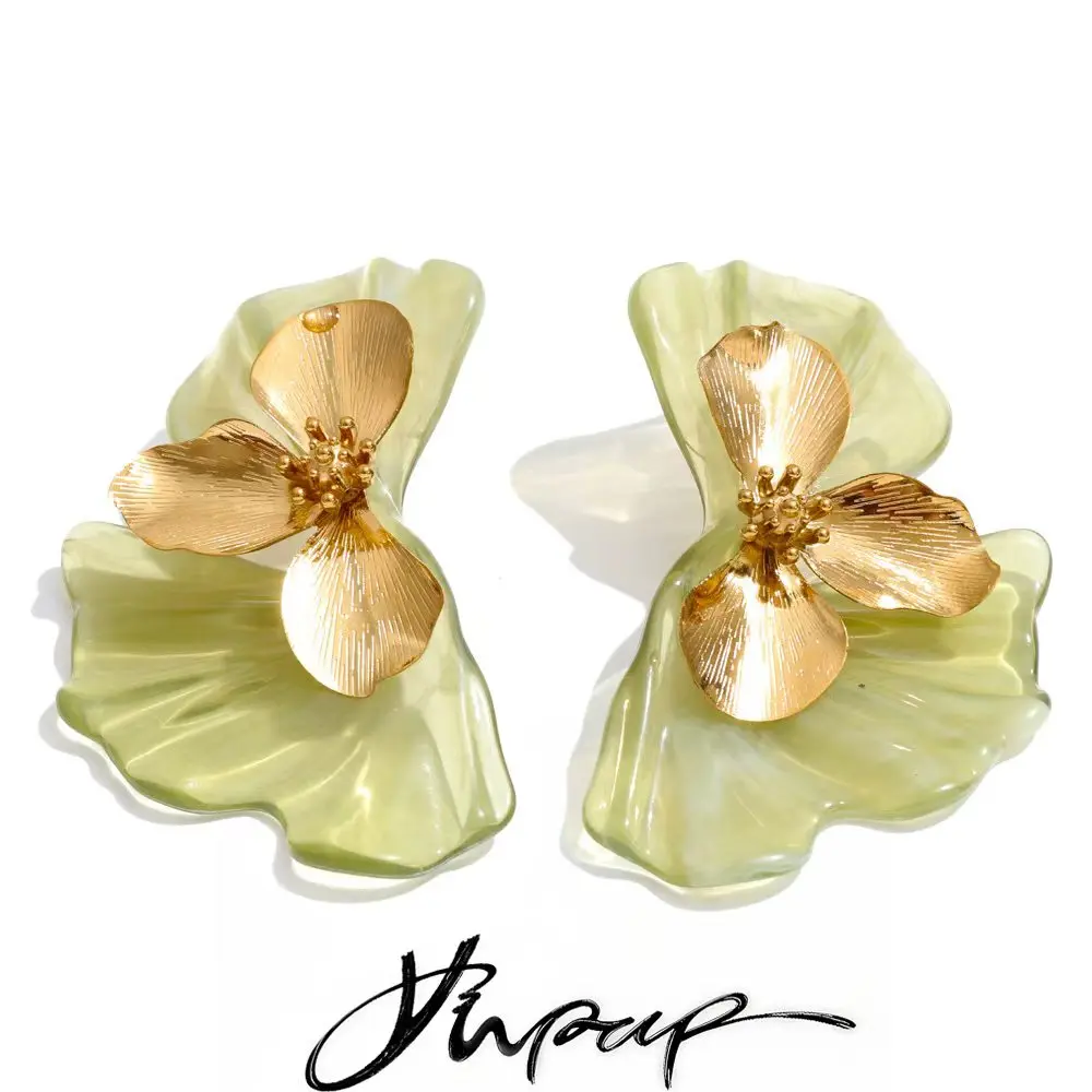 Yhpup Green Amber Pink Color Resin Flower Stud Earrings Stainless Steel Spring Summer Fresh Glamorous Jewelry Gift