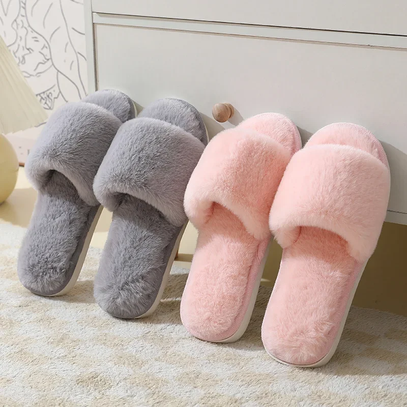 Women's Winter Open Toe House Slippers Fluffy Faux Fur Cross Strap Plush Slides Woman Solid Color Cozy Non Slip Indoor Slippers image 5