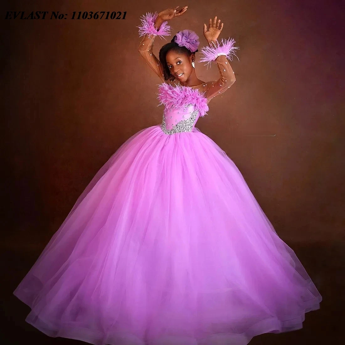 EVLAST Customized Pink Flower Girl Dress Ball Gown Beading Girl Pageant Gowns Long Sleeve Communion Girls Party Dress FD09