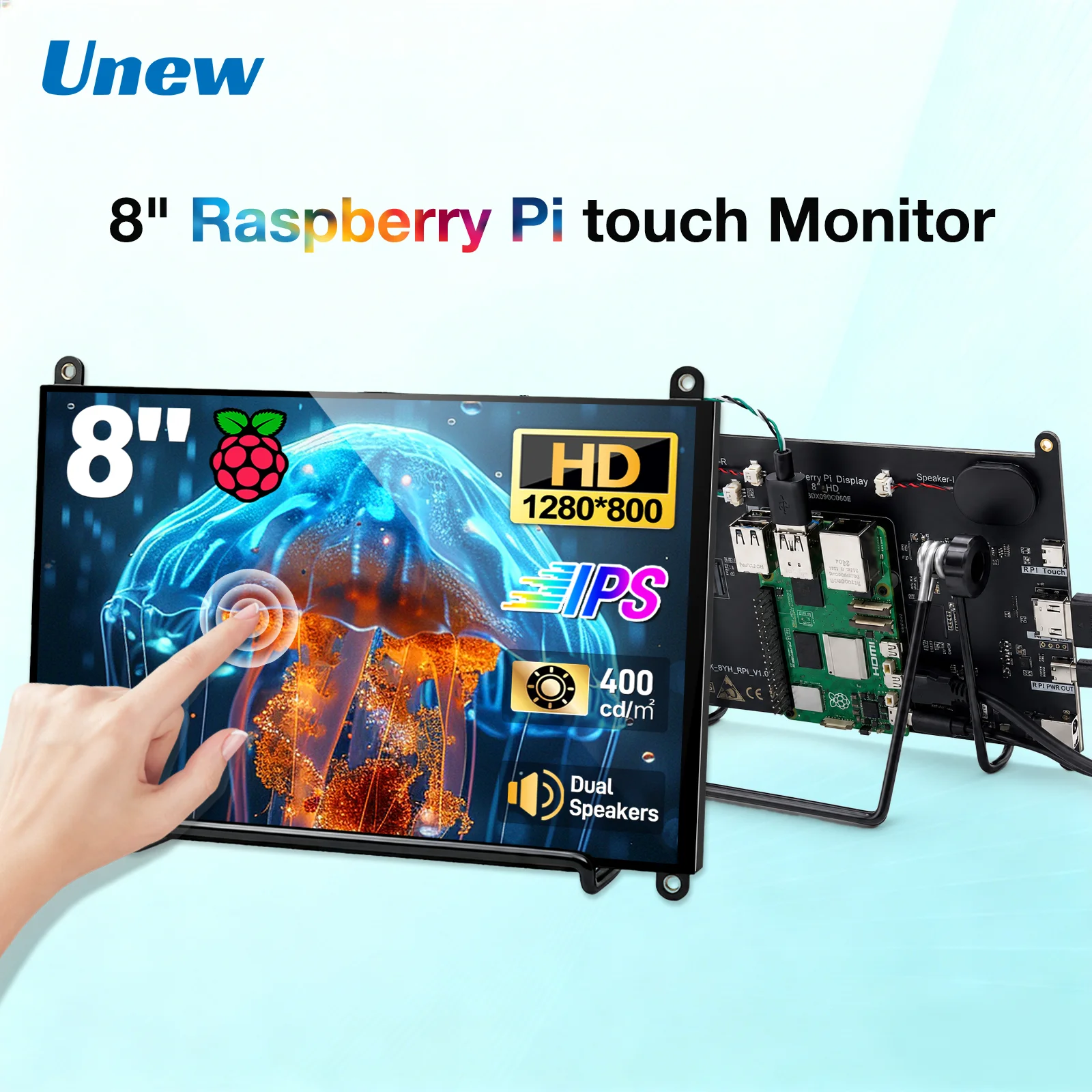 Unew 8 inch Raspberry Monitor Suit for Raspberry Pi 5 4 3 Touchscreen 1280x800 Display USB HDMI Screen Speaker/12V Plug/No Cover