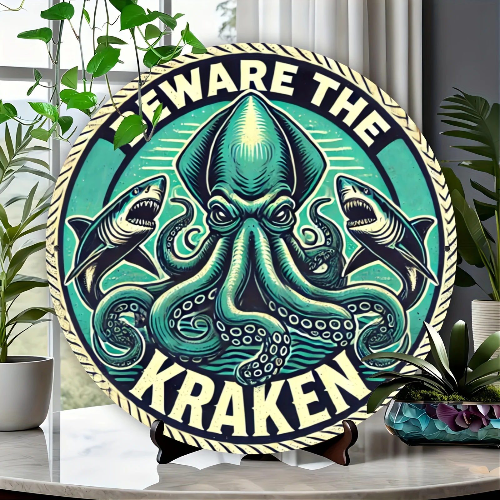 Giant Kraken Shark Sea Creature Stained Glass Round Aluminum Metal Sign 20x20cm 2D Flat Beach Coastal Pub Wall Decor Gift