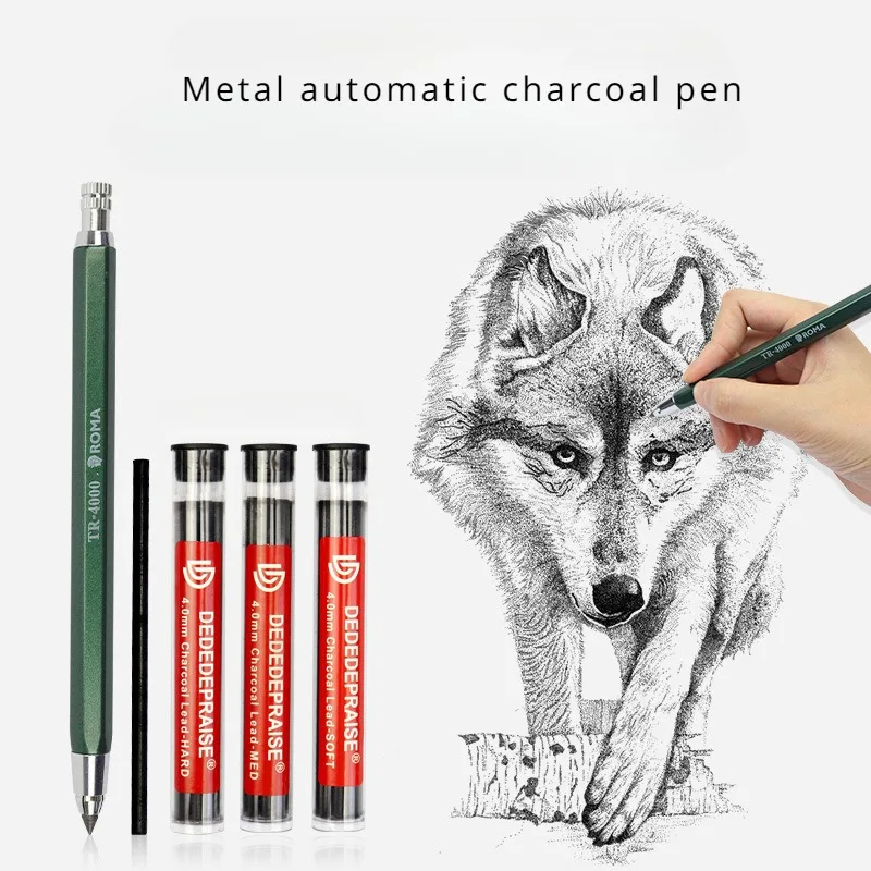 4.0mm Metal Automatic Charcoal Pen Soft/Medium/Hard Carbon Core Art Drawing Supplies Students Painting Creation Charcoal Pencils