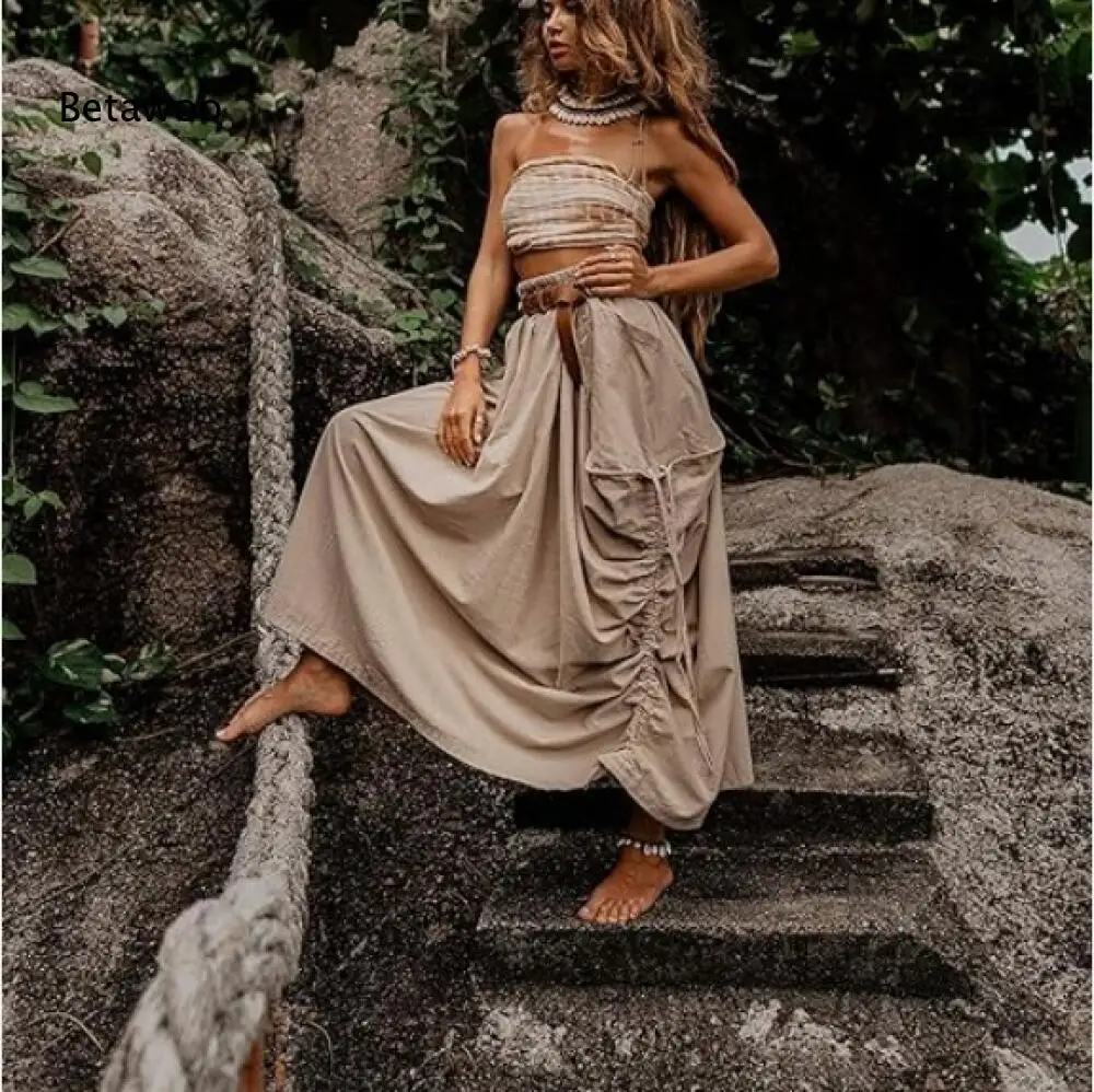 Vintage Khaki Drawstring Ruched Cargo Skirt Women High Waist Belt Big Pocket Loose Flowy Bohemian Maxi Skirt