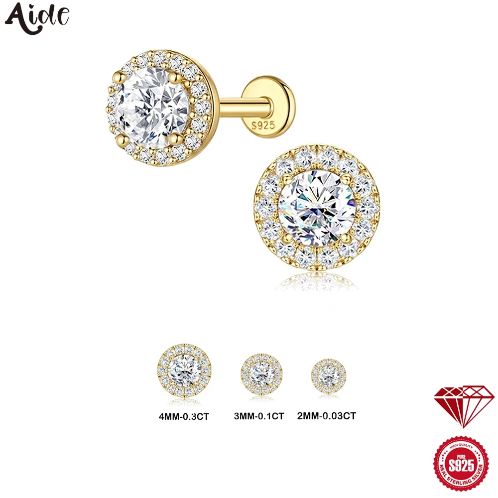 Aide - 1 Pieza, Pendiente de Plata de Ley 925 con Moissanita, Tipo Halo, con Cierre de Rosca, Redondo, para Cartílago, 2-4 mm, para Mujeres y Hombres