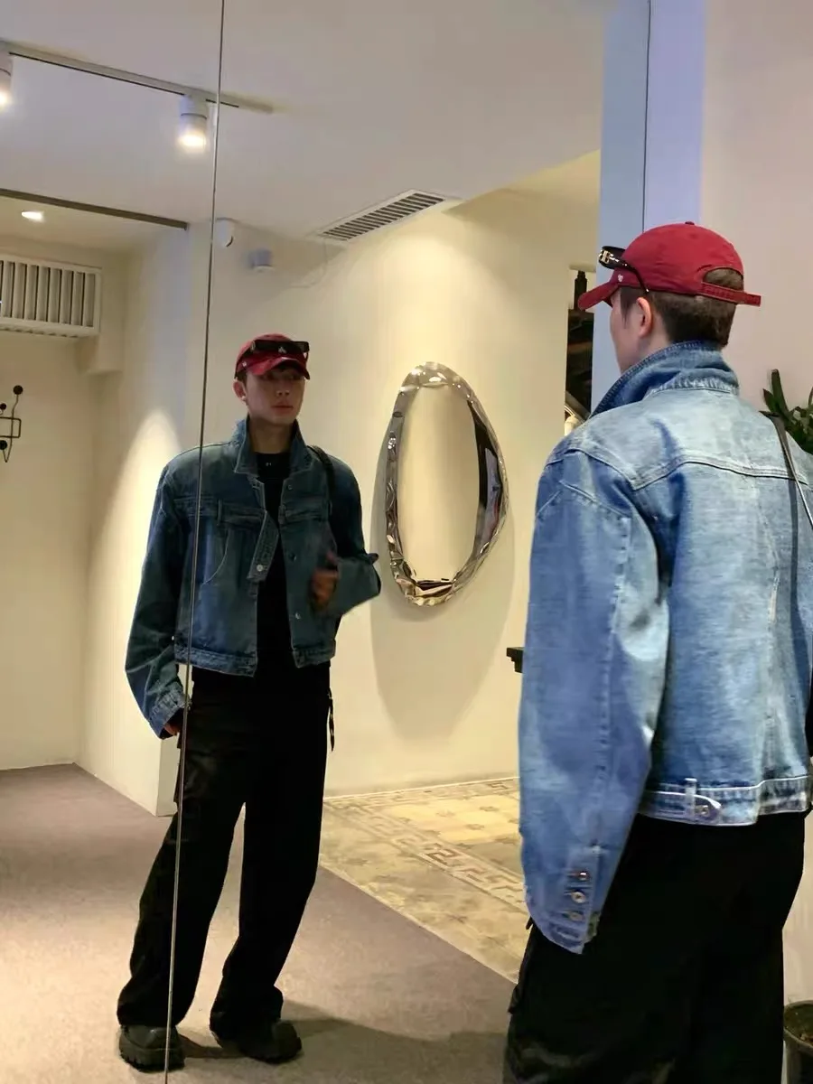 Retro American Washed Short Denim Jacket Men's Fashionable Turn-down Collar Outerwear Spring Autumn Design Trendy Brand