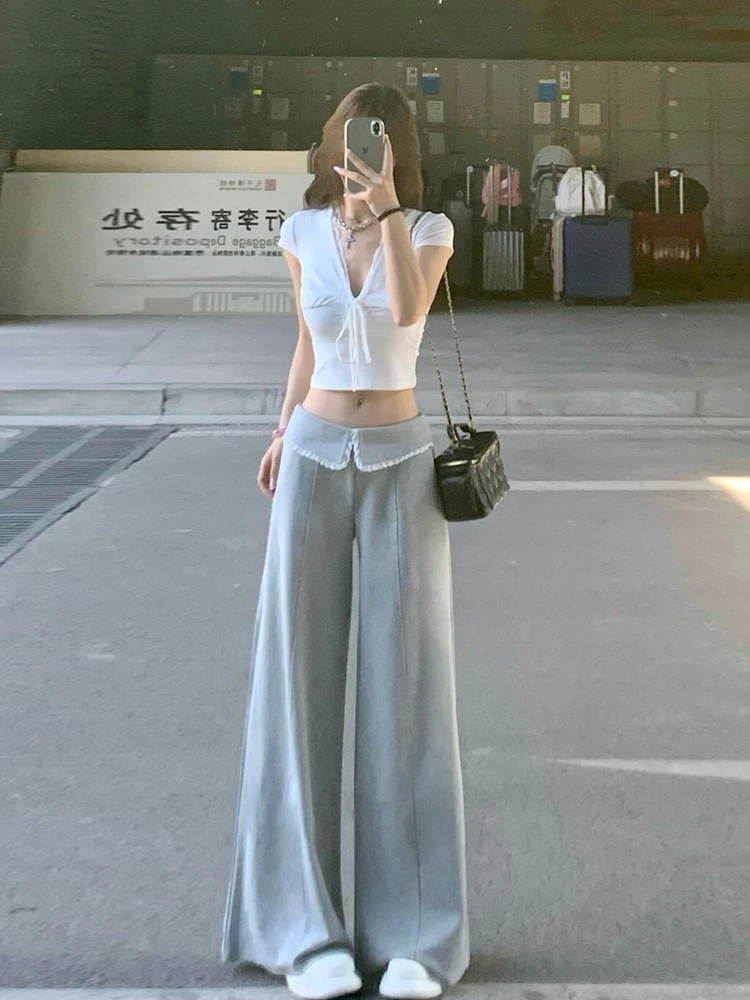 

Gray Lace Trim Wide Leg Pants Women's Spring Autumn High Waist Straight Cut Casual Floor Length Pants Korean Style Commute
