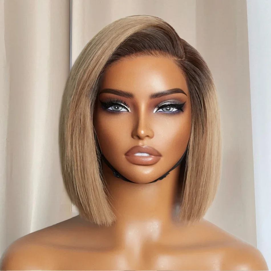 

Natural Hairline Soft Ombre Blonde Short Cut Bob Silky Straight Deep Lace Front Wig For Black Women BabyHair Prepluecked Daily