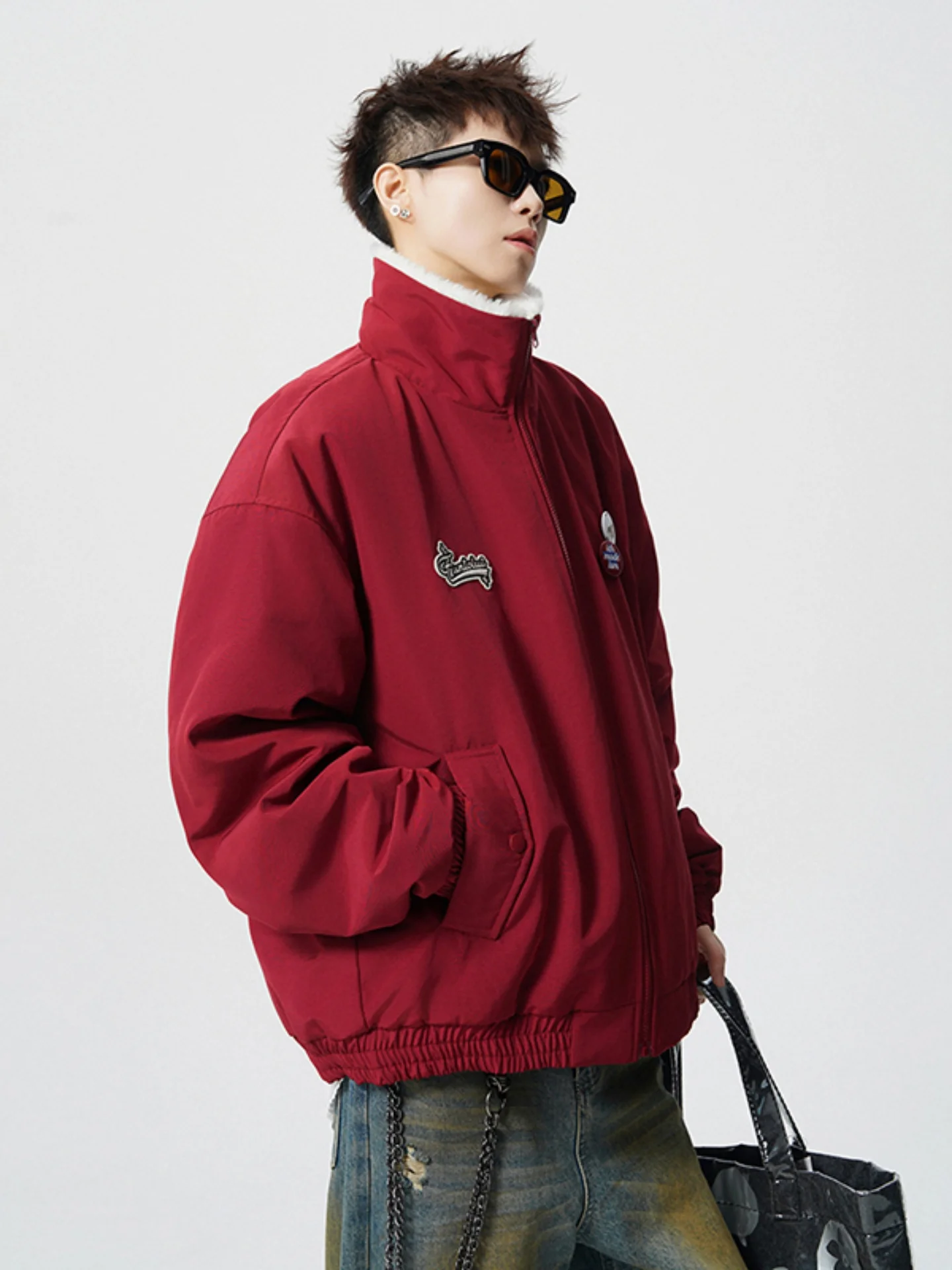 

Красная утепленная хлопковая куртка с флисовой подкладкой, мужская зимняя теплая куртка-бомбер, мотоциклетная куртка в стиле ретро, американская молодежная модная куртка