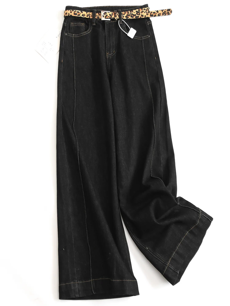

High Waist Loose Wide Leg Jeans Slimming Pure Color Women's Pants Belt Included Long Trousers for All Seasons Black Denim