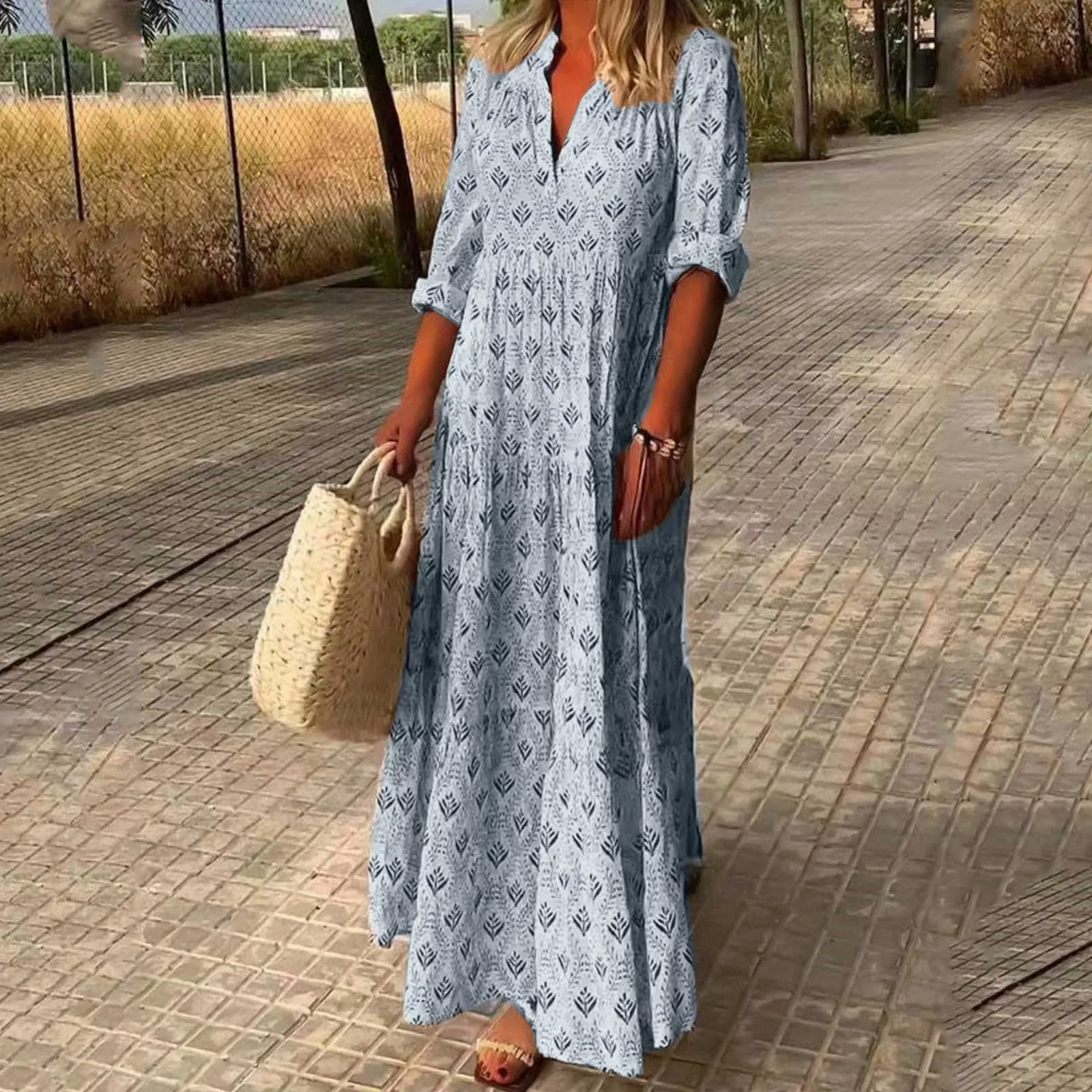 Abiti Vintage con stampa floreale per donna scollo a v allentato Maxi abito da spiaggia in stile bohémien Casual Vacation Ladies Robe Vestidos 2024