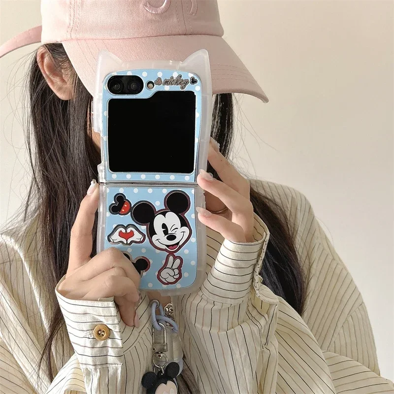 Cute Cartoon Disney Mickey Minnie Mouse Mirror Phone Case For Samsung Galaxy Z Flip 6 5 Soft Cover For Z Flip 3 4 With Lanyard