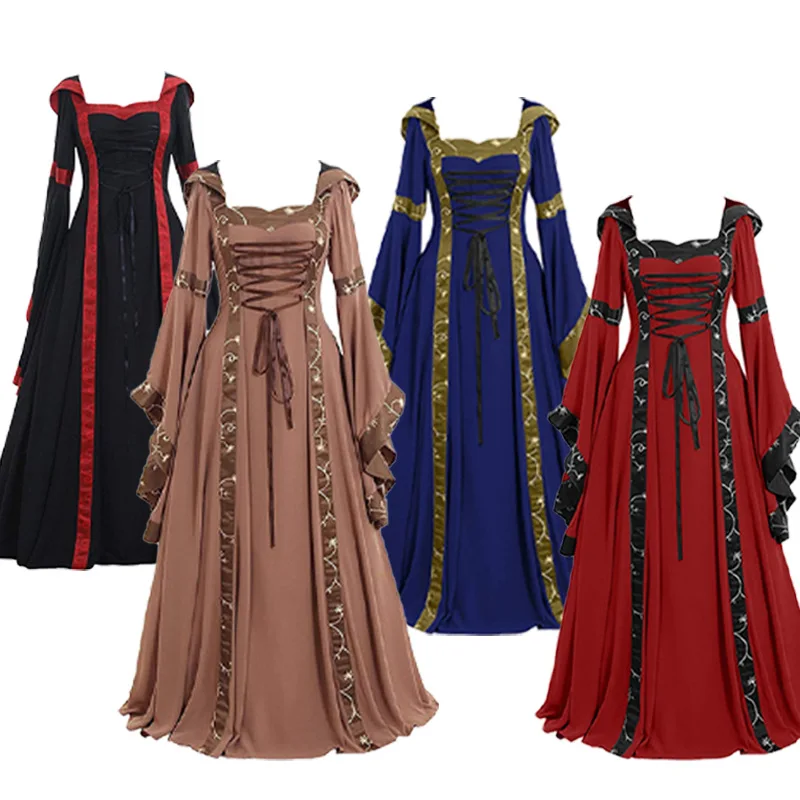 

Women's Medieval Court Style Hooded Dress With Square Neck Flared Sleeves And Large Swing Skirt