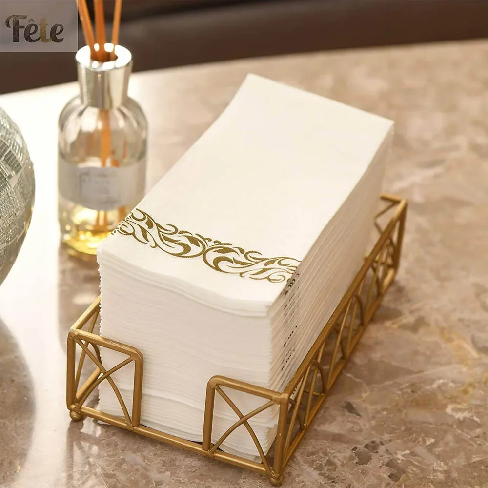 Guardanapos descartáveis de papel de mesa, tecido elegante, toalha vintage, prato dourado branco, papel tigela, aniversário, festa de casamento,