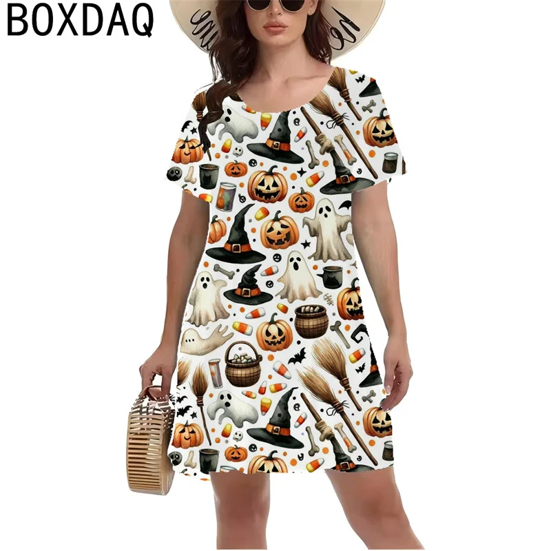 Halloween Horror Pumpkin Lantern Pattern Printed Dress Women Short Sleeve O-Neck Casual A-Line Dress Lady Y2K Style Dress