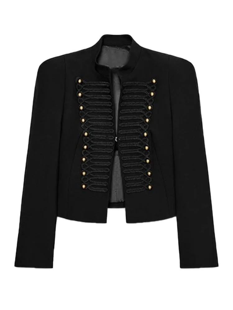 Elegant Women's Cropped Black Napoleon Coats Shoulder Pads Stand