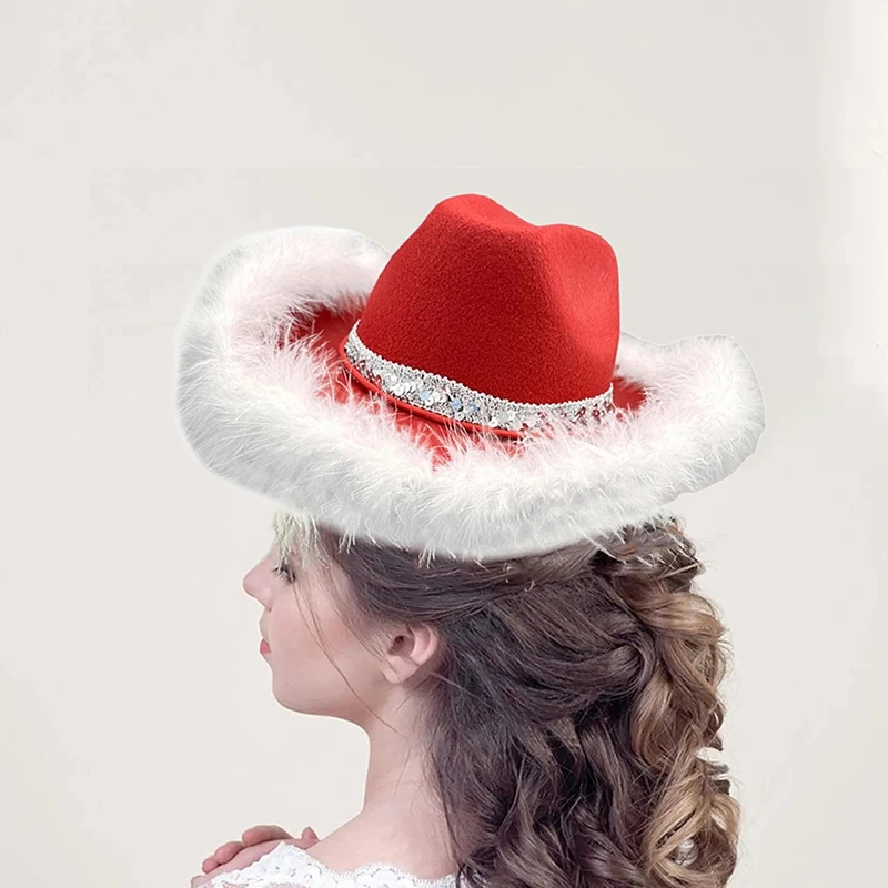 Furry Trim Christmas Cowgirl Hat For Adult With Sequined Belt Christmas Costume Hat Women Men Holiday Party Props Hat