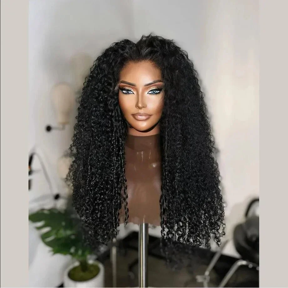Natural Black Long Kinky Curly  Glueless Soft 26inch 180Density Deep Lace Front Wig For Women With Baby Hair Preplucked Daily
