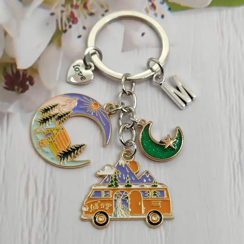 New Fashion A-Z Enamel Moon Star Country Love Bus Camping Camper Couple Keychain Handmade Jewelry Gift