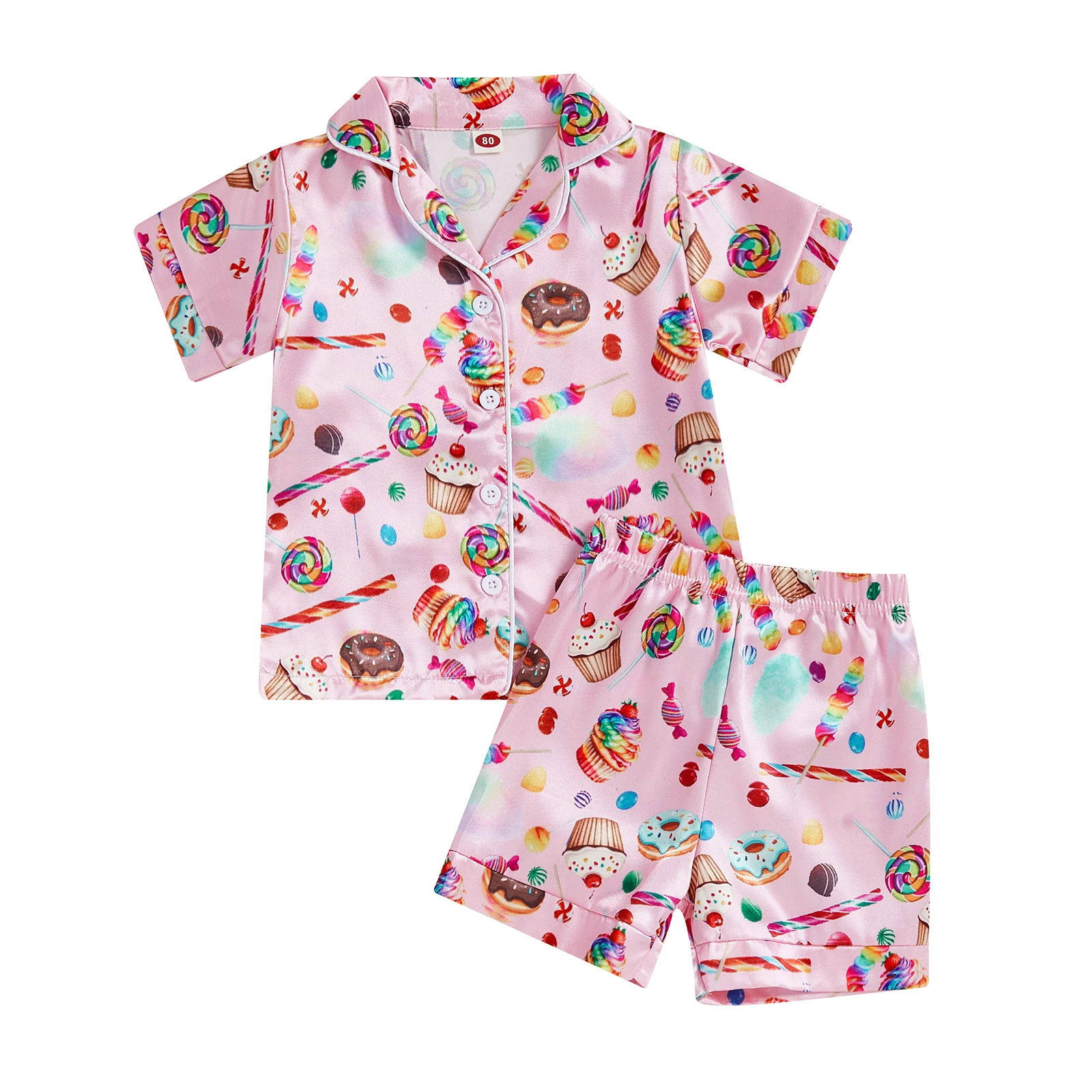 

Пижамный комплект для девочек, топы с короткими рукавами и принтом кексов и шорты с эластичной резинкой на талии, комплект одежды для сна из двух предметов