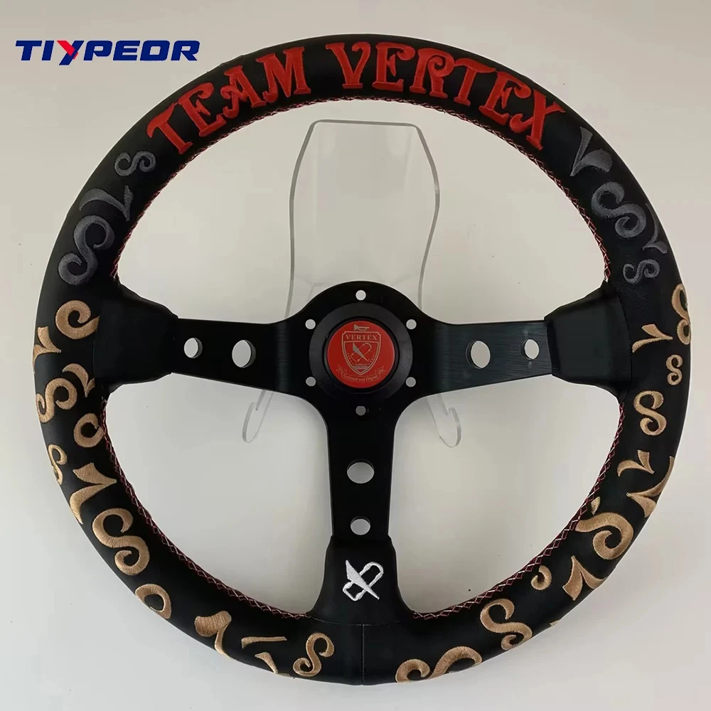 

JDM TEAM VERTEX Microfiber Leather Car Steering Wheel 320mm Diameter Black With Embroidered Text Deep Dish Drift Steering Wheel