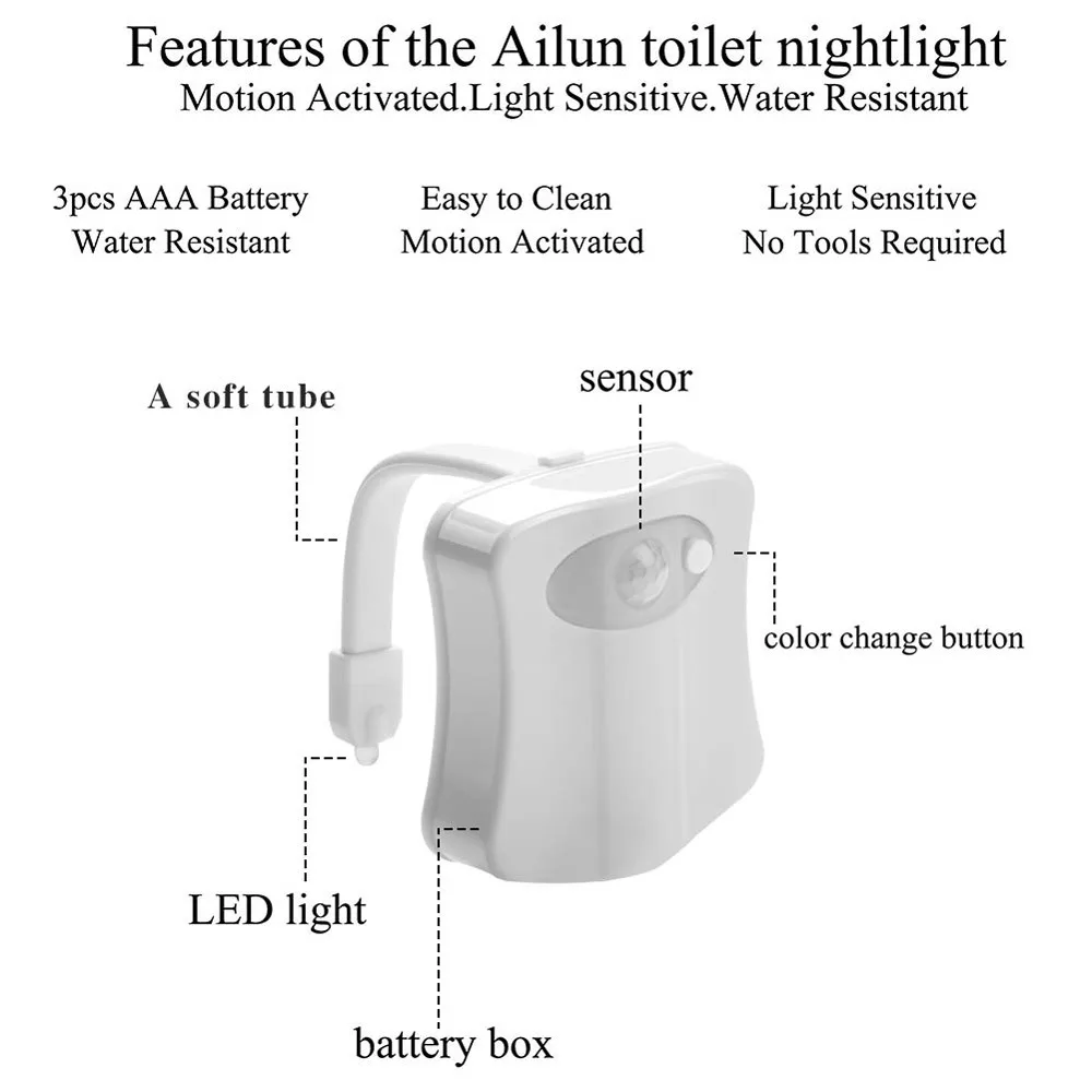 Luz LED para inodoro con Sensor de movimiento humano, iluminación policromática, luz nocturna para inodoro, lámpara con Sensor de asiento para batería 3x AAA