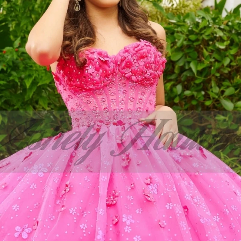 Aangepaste Glanzend Fuchsia Vrouwen Prom Jurken Speciale Gelegenheid Bloem Lace Up Puffy Lange Party Vestido De xv Quinceanera 15/16