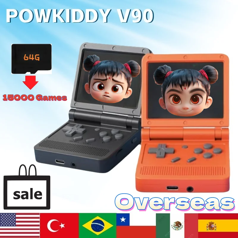 

POWKIDDY V90 Retro Clamshell Handheld Game Console Dual Open System 16 Simulators PS1 Arcade Games 3-Inch IPS Screen Retro Game