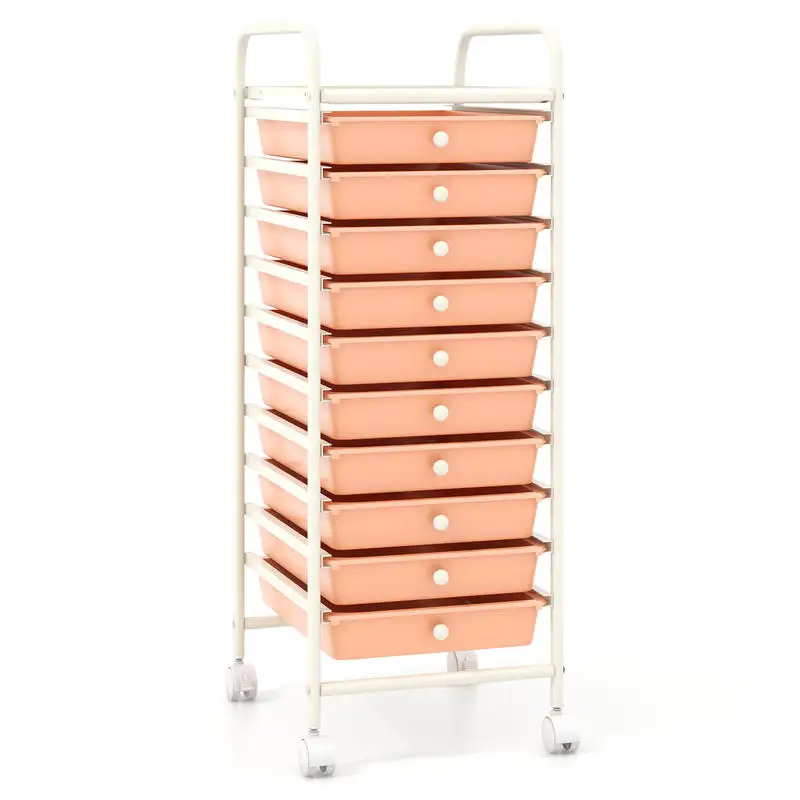

10 Drawer Rolling Storage Cart Organizer with 4 Universal Casters-Cherry