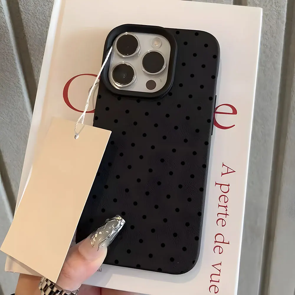 Custodia Morbida Vintage con Motivo a Pois Neri per iPhone 15 16 17 Pro Max 11 12 13 Pro 15 14 Plus 17 Air X Xs XR