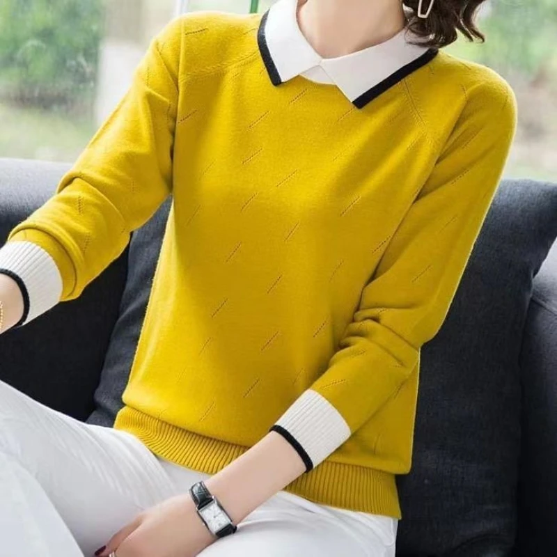 Doll Collar Base Knitted Women\'s 2024 New Contrast Color Spring Autumn Korean Version Loose Slimming Top Long Sleeved Sweaters