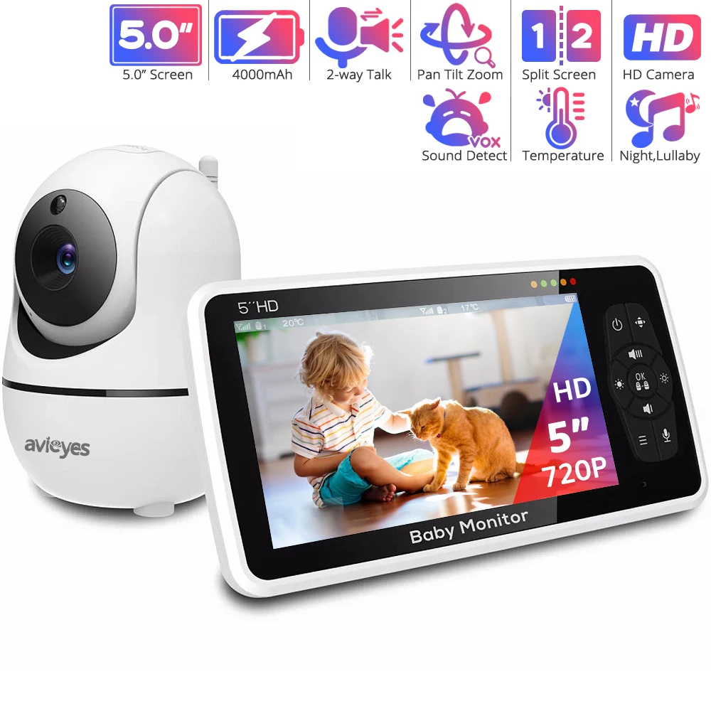 5 Inch HD Video Baby Monitor with Pan-Tilt-Zoom Nanny Baby Camera 2-way Talk Night Vision Baby Phone 22-Hour Battery Babysitter