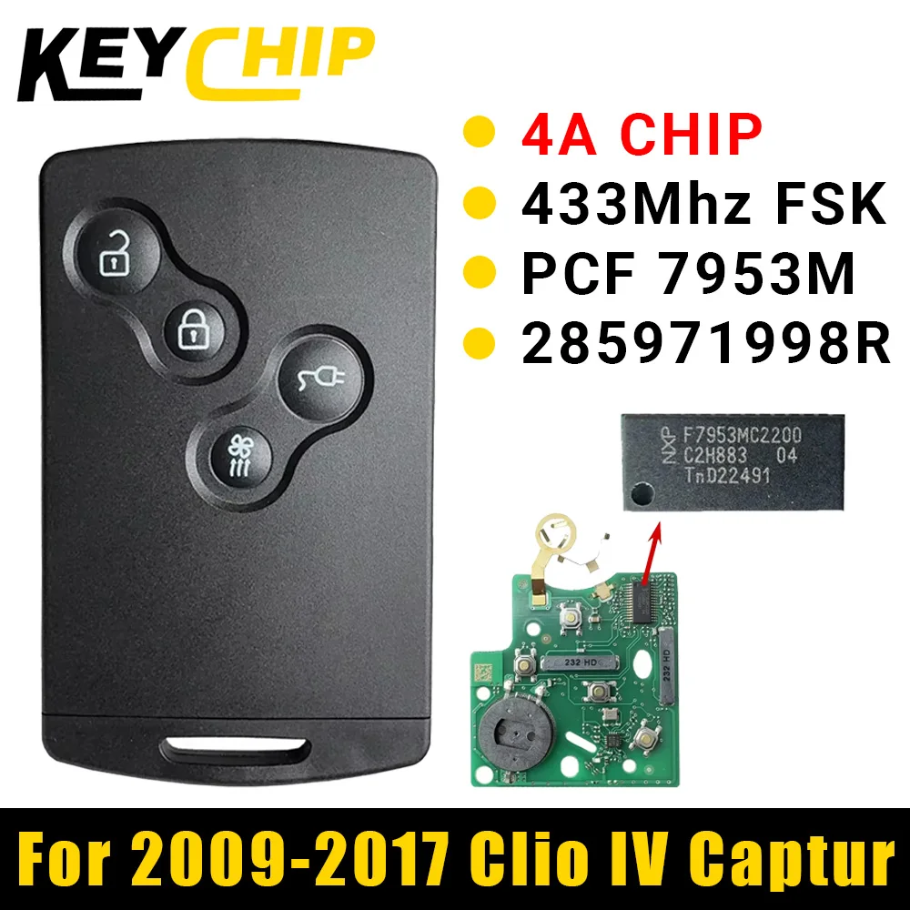Para KC Renault Clio IV Captur 2009 2010 2011 2012 2013 2014 2015 2017 285971998 Chave sem chave do cartão inteligente do OEM PCF7953M de R 433MHZ