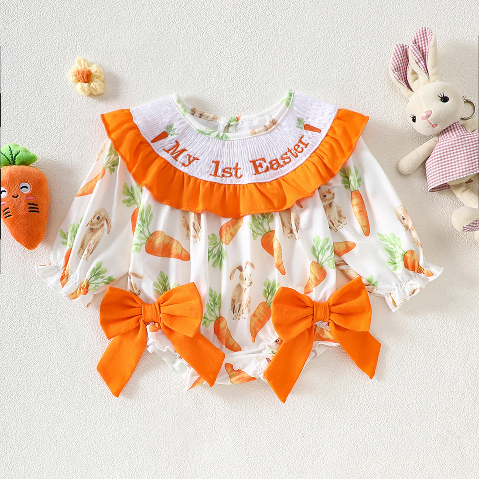 Cute Baby Girls Bunny Romper Costume Long Sleeve Crew Neck Rabbit Carrot Print Bodysuit Easter Clothes