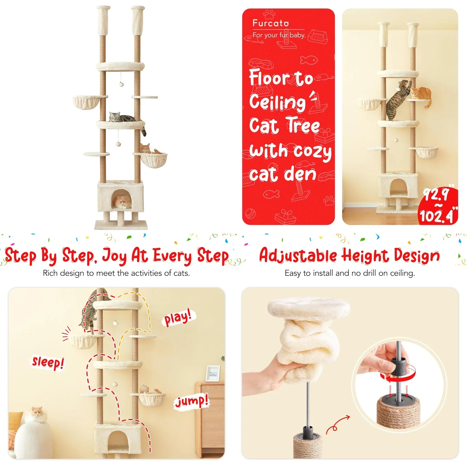 

Cat Tree, Floor to Ceiling Cat Tower Adjustable Height [92.9-102.4 in=235-258cm], 7 Tiers Cat Climbing Play House, Customized
