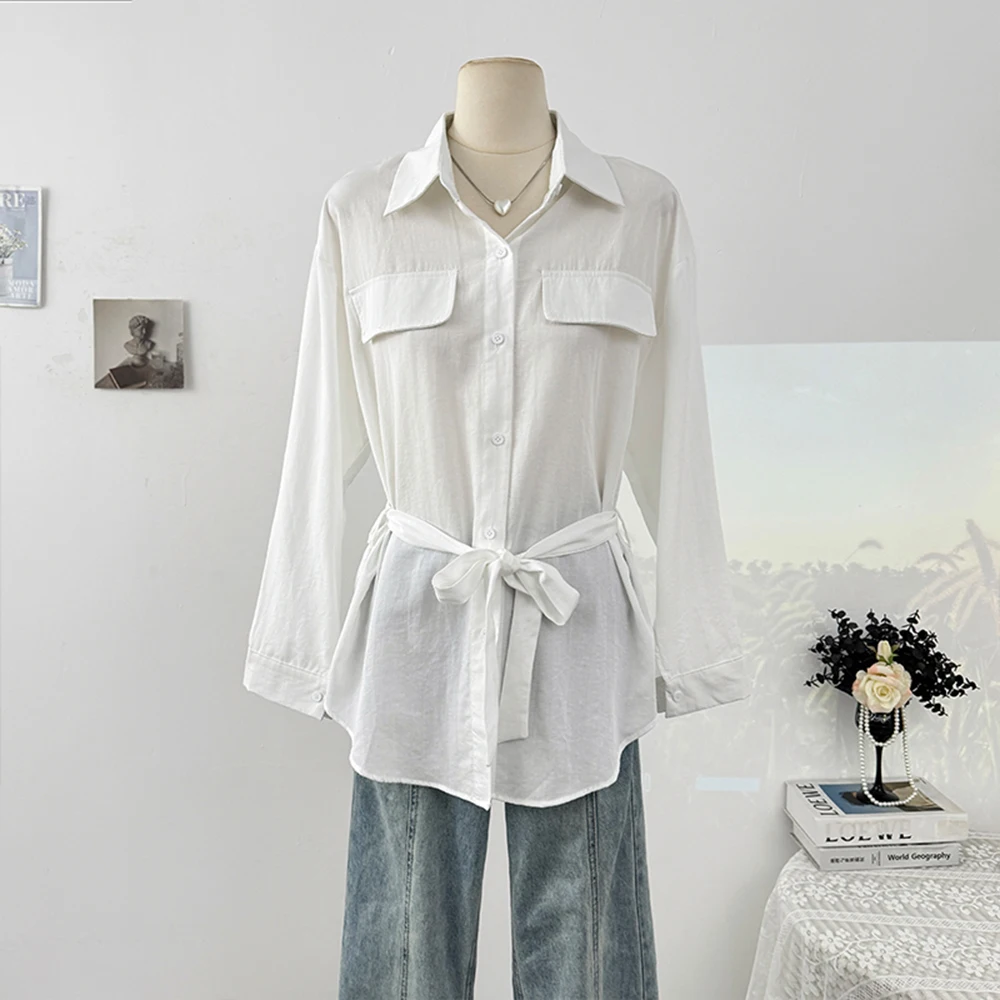 قميص نسائي مربوط بخصر واحد الصدر وياقة على شكل طية صدر وأكمام طويلة قميص عمل لخريف 2025 ملابس نسائية غير رسمية للتنقل #3