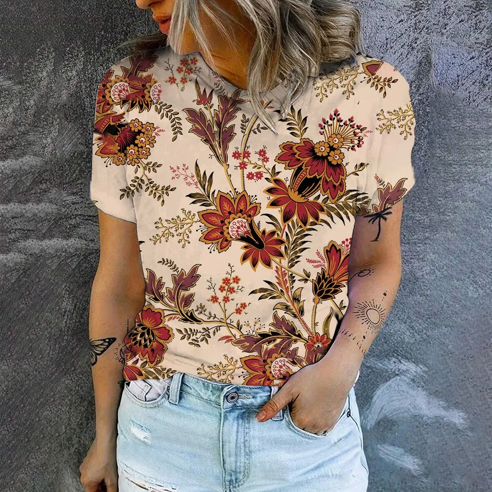 Elegant Women\'s T-shirt Retro Cashew Flower Pattern Fashion Print T-shirt Summer Leisure Women\'s Popular Short Sleeved T-shirt