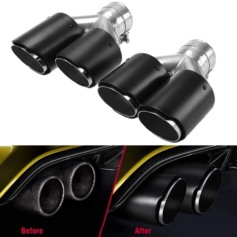 63mm/2.48'' Universal Real Carbon Fiber Car exhaust system Pipe Tip Y Shape Double Exit muffler exhaust sound boost muffler Tube