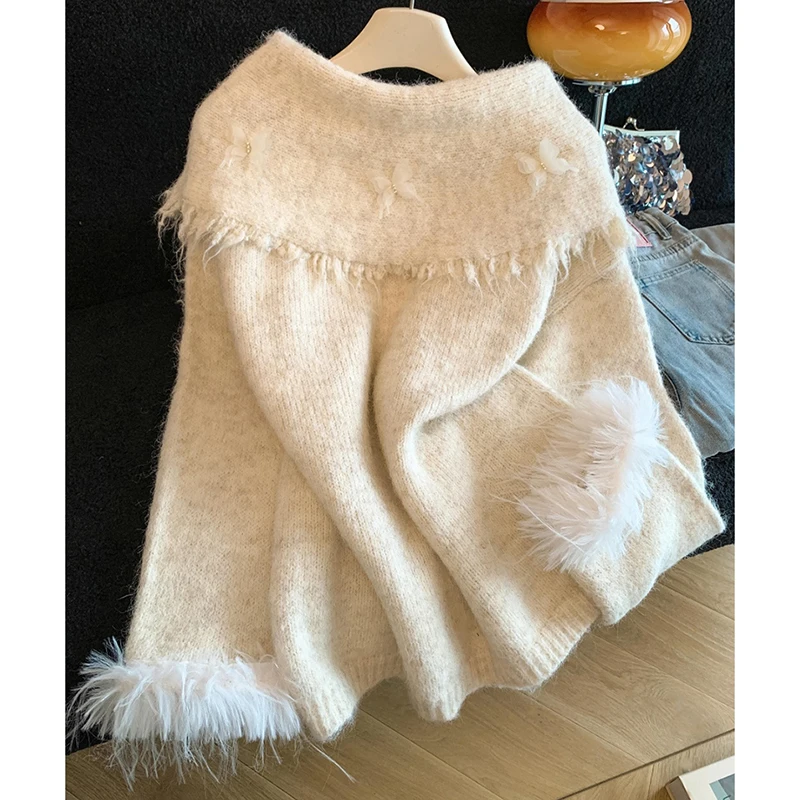 

Sweet 3D Butterfly Knit Sweater Women Fluffy Warm Long Sleeve Pullover Loose Lazy Preppy Korean Casual Top Sexy Off Shoulder