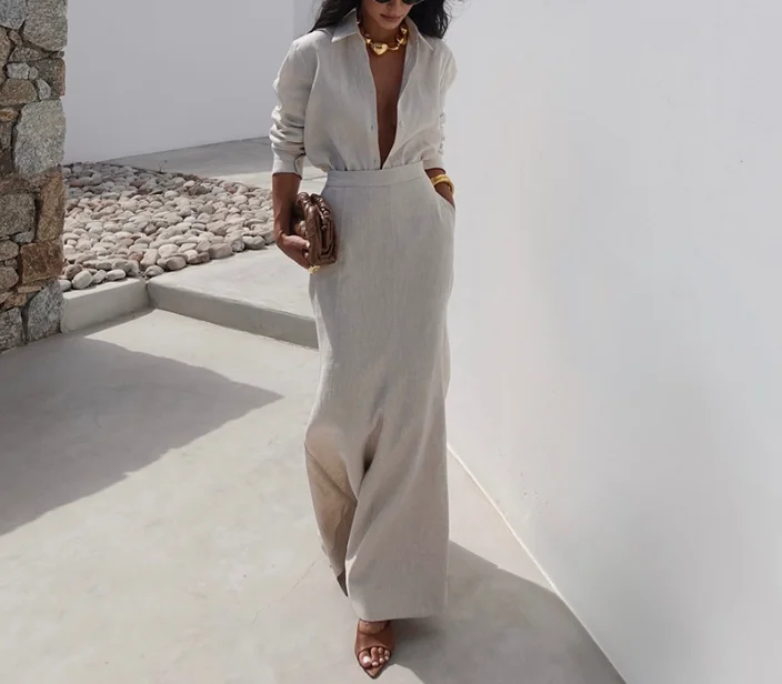 

Two Piece Set Women Outfit 2025 New Elegant Temperament Turn-Down Collar Long Sleeved Shirt & High Waist Slimming Half Skirt Set