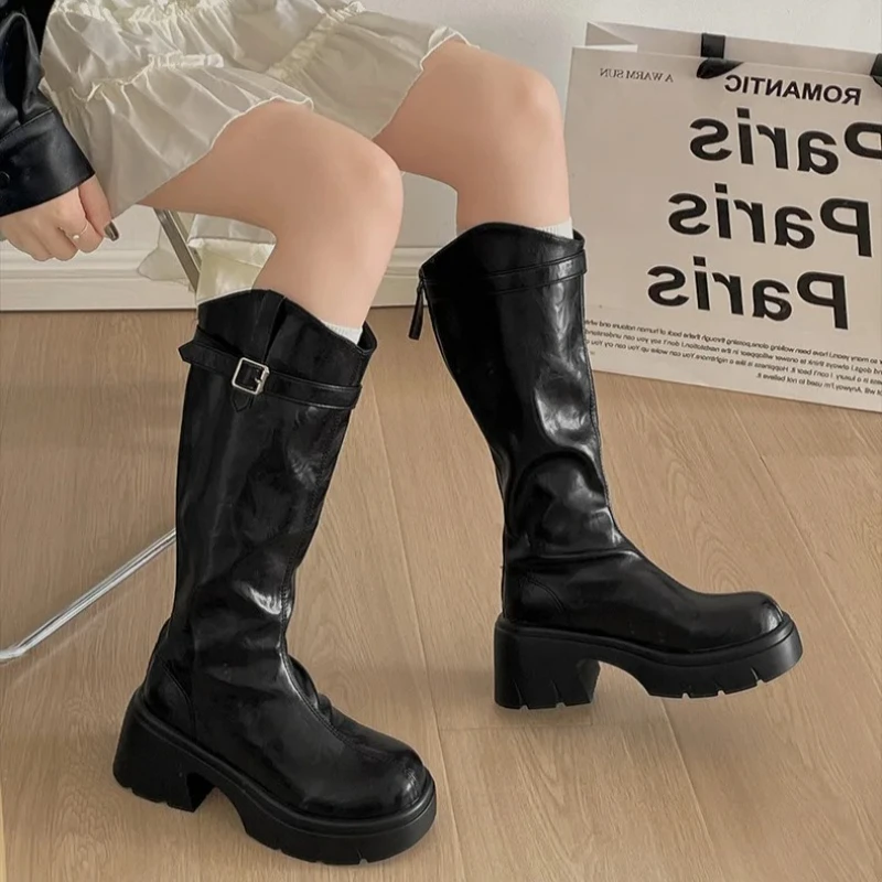 

Winter Platform Thick Heel Women Knight High Boots Cosy Soft Leather Shoes Street Style Mordern Long Booties Zapatos De Mujes