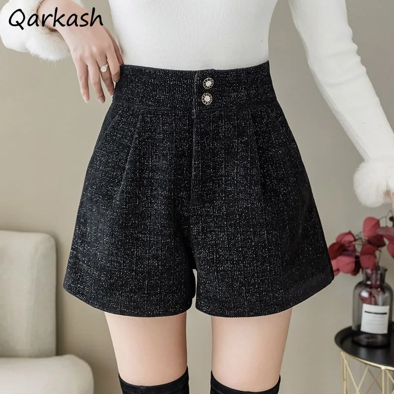 

Casual Shorts Women Autumn Winter High Waist Wide Leg Trousers Buttons Outwear Pockets Solid Streetwear All-match Skin-friendly