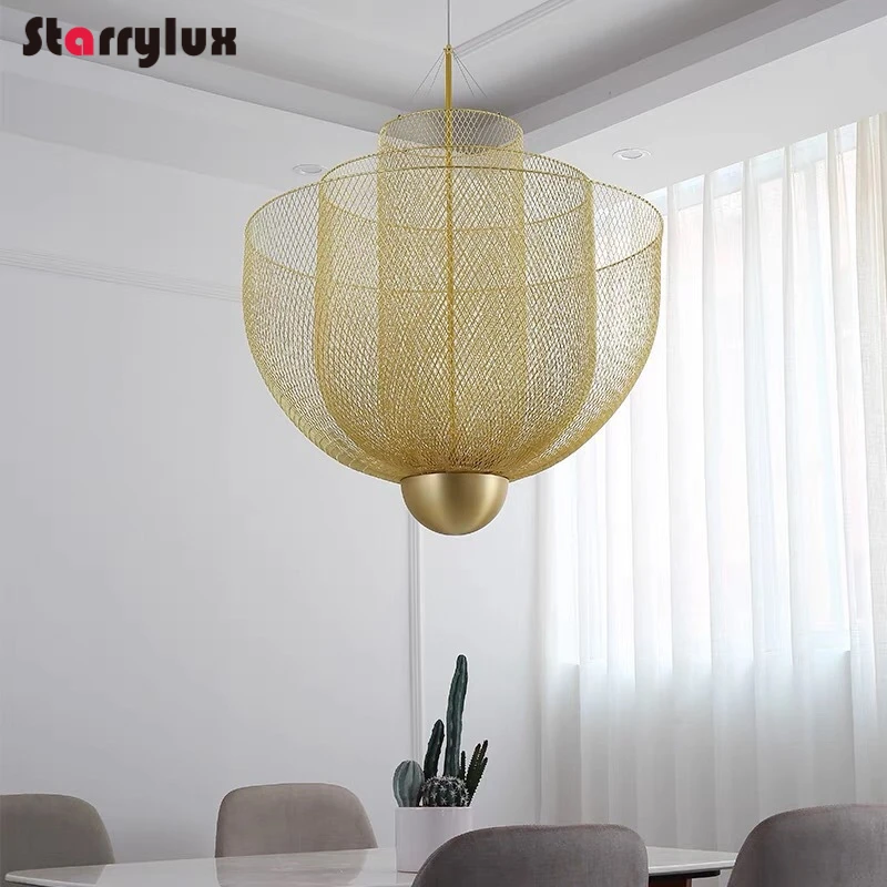 

Industrial Retro Nordic LED Pendant Light, 3-Color Adjustable Height Iron Mesh Chandelier for Living Room Dining Room
