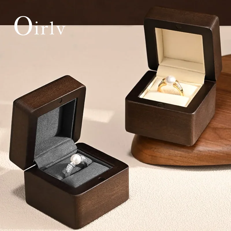 

Oirlv Wooden Ring Box – Premium Dark Wood Jewelry Case Organizer with Gray/Beige Velvet Lining, Ideal for Gifts & Personal Use