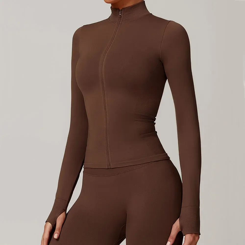 

Бесшовная одежда для йоги, женские топы, спортивные куртки с воротником-стойкой и длинными рукавами, топы для бега, фитнеса, рубашки для бега на молнии