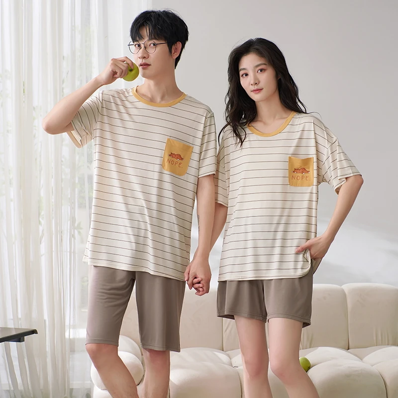 Summer Pajams Set Couple Modal Nightwear Men Women Short Sleeve Pyjamas Striped Sleepwear